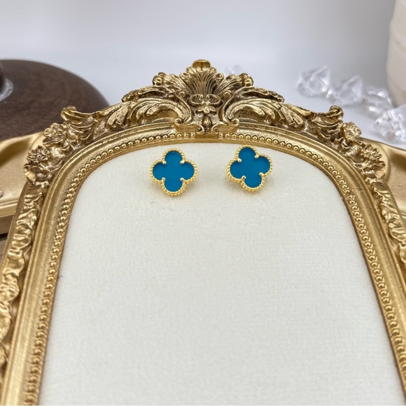 Lucky Clover Alhambra Stud Earrings – Turquoise Blue with Logo | Sterling Silver - Picture 1 of 8